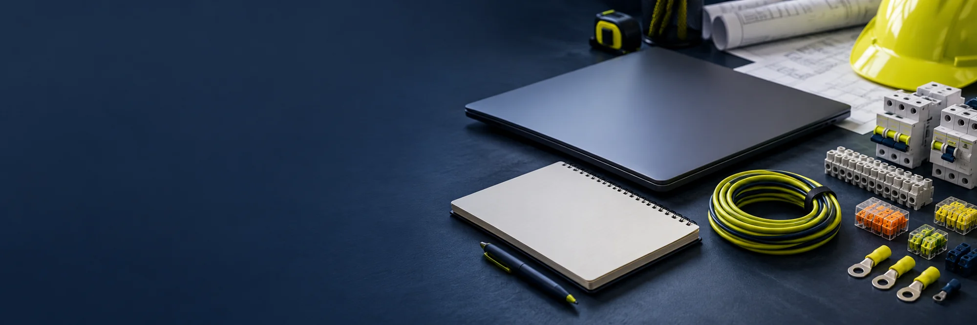 Mesa de trabajo con suministros eléctricos y documentos