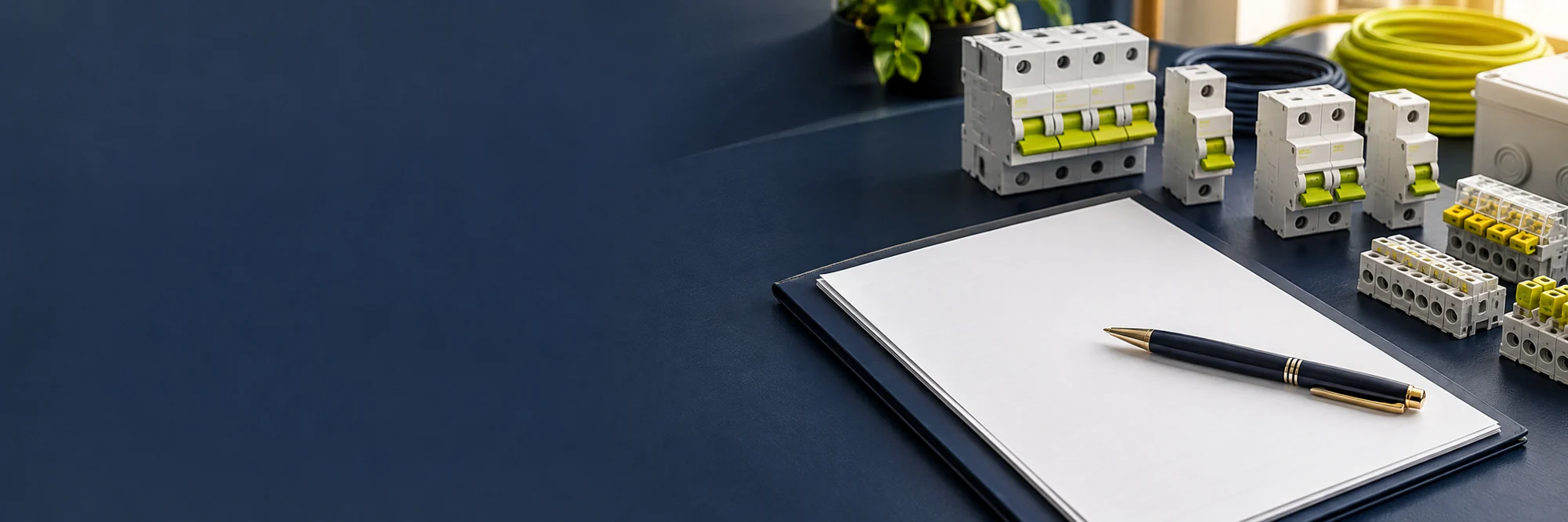 Mesa de trabajo con suministros eléctricos y documentos